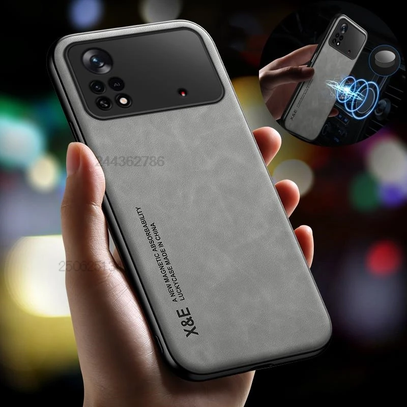 Чехол для Xiaomi Poco X4 Pro мягкий силиконовый Кожаный Автомобильный Магнитный