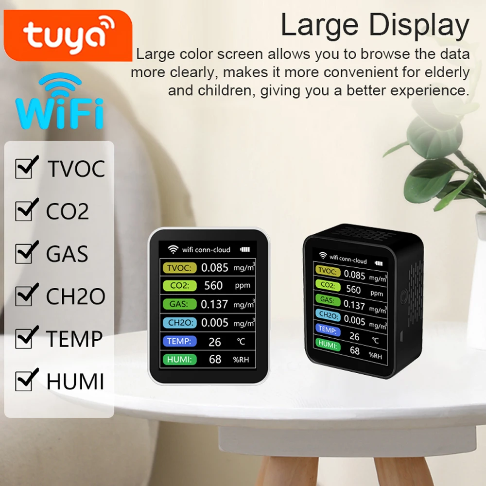 

Tuya WiFi Portable Air Quality Detector 6 In 1 Detector TVOC CO2 Gases CH2O Temperature Humidity Detecting Intelligent Linkage