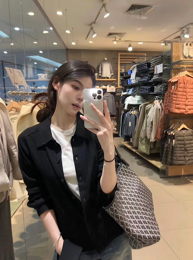 Темпераментный черный вязаный кардиган с лацканами в стиле ретро женский