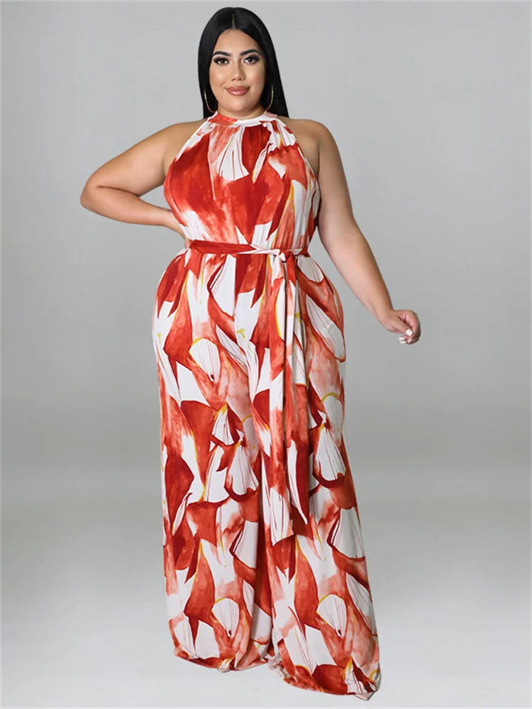 Plus Size Women Jumpsuit with Belt Summer Clothes Printed Sleeveless Wide Leg Office Lady Bodysuit Who 3xl 4xl 5xl 6xl