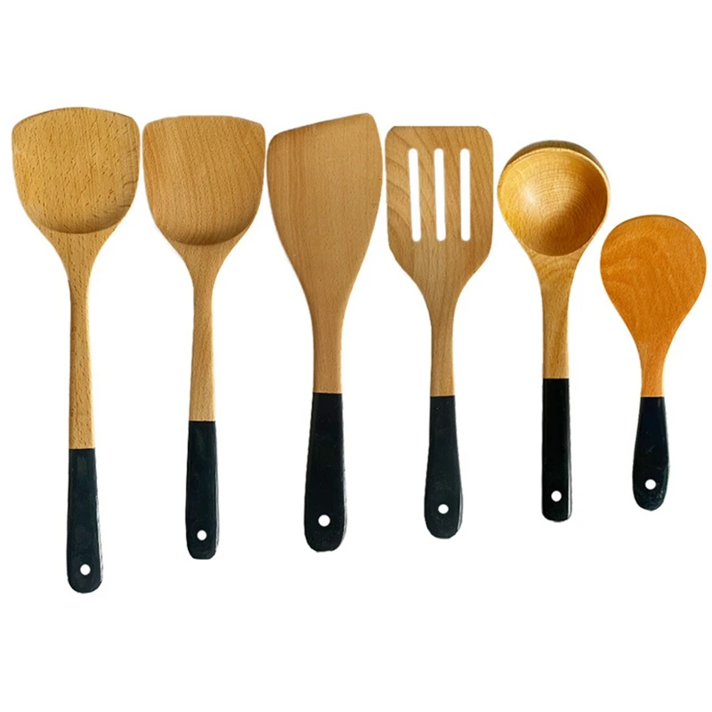 

6PCS Beech Color Handle Cooking Spatula Set Non-Stick Frying Spatula Cooking Spatula Wooden Spoon Wooden Rice Spatula
