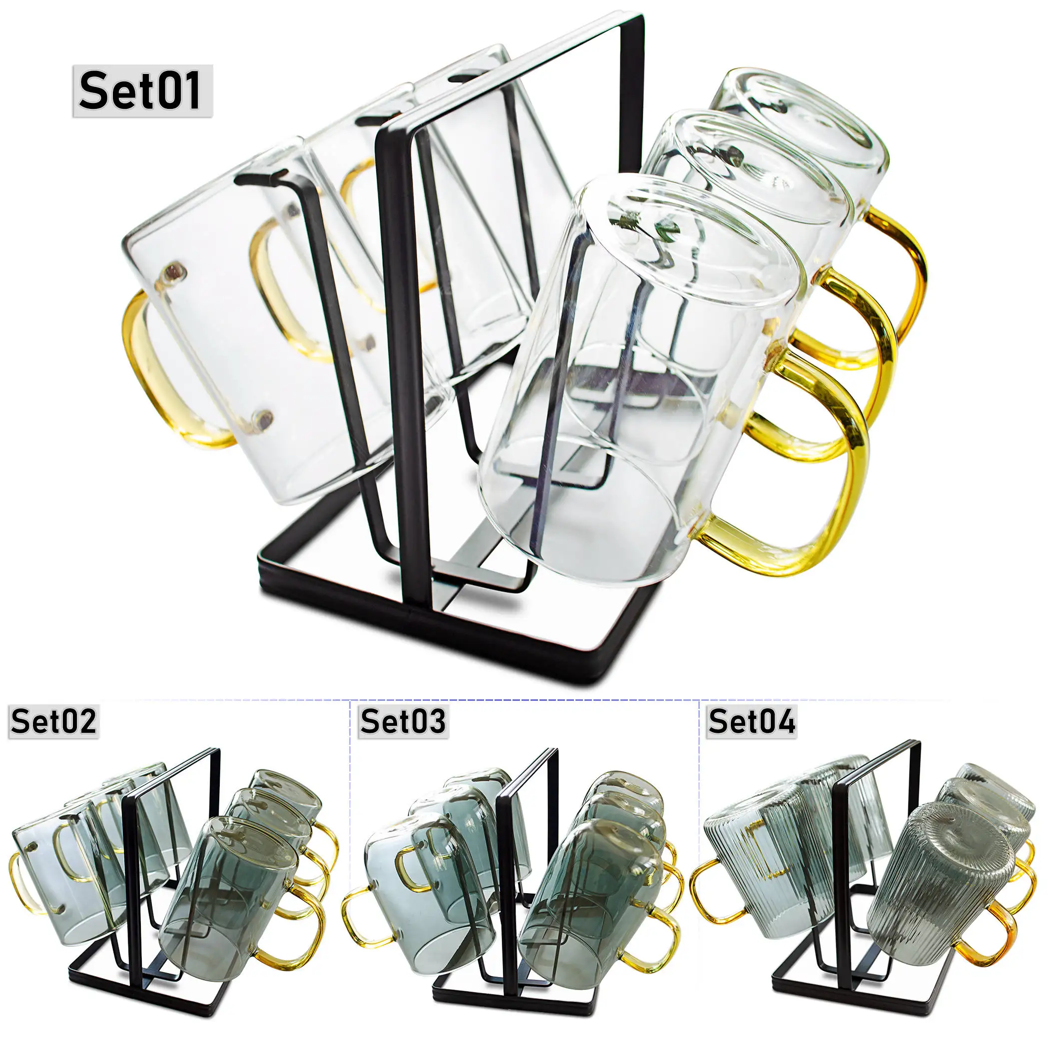 7 in 1 Set - Metal Black 6 Grids Drying Rack Mug Holder + 6pcs Glass Tea Cup Water Coffee Mugs Handmade for Milk Drink