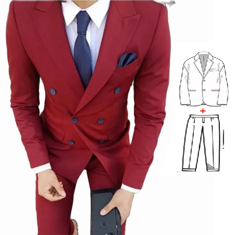 2023 Latest Classic Groom Tuxedo Double Breasted Wine Red Peak Lapel Groomsmen Best Man Suit Men's Wedding Suits (Jacket+Pants)