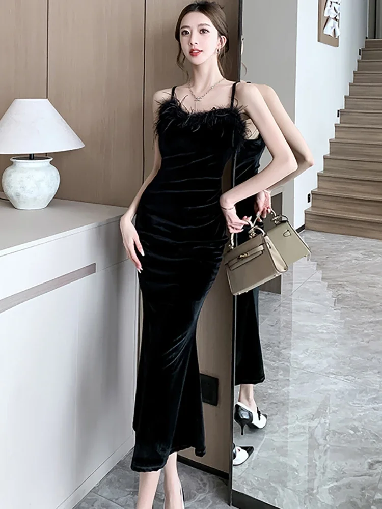 2024 Красное бархатное шикарное сексуальное длинное платье на бретельках с