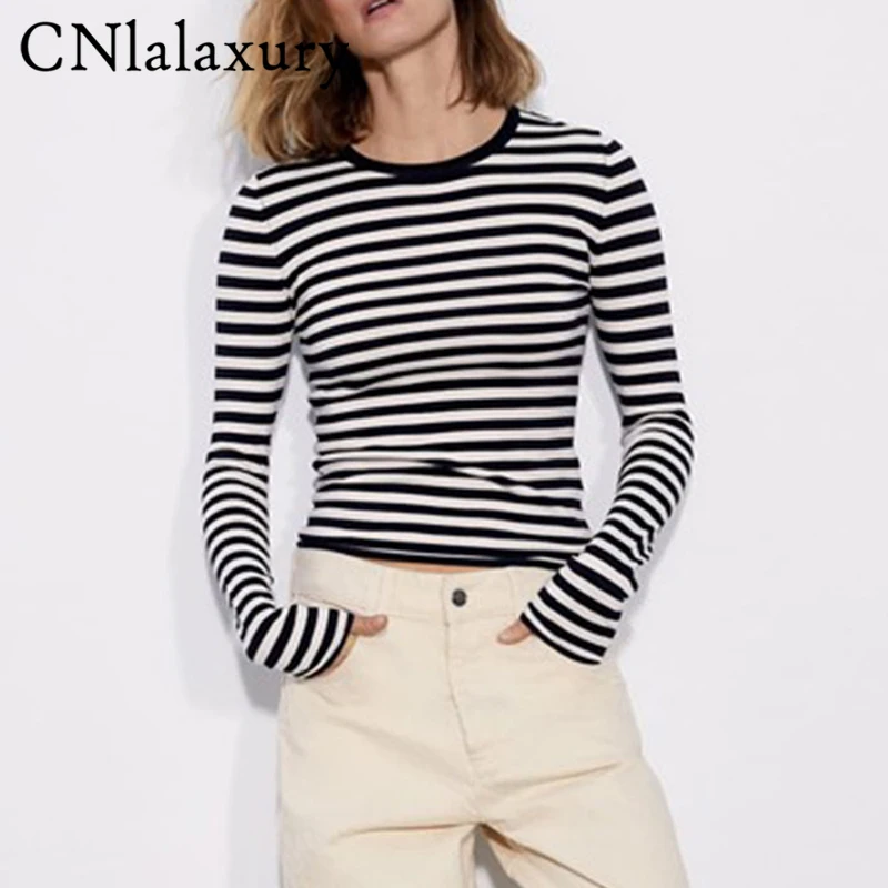 

Тонкая трикотажная футболка CNlalaxury, женская одежда, сезон весна-лето 2022, женские футболки с длинным рукавом, топы, полосатая повседневная жен...