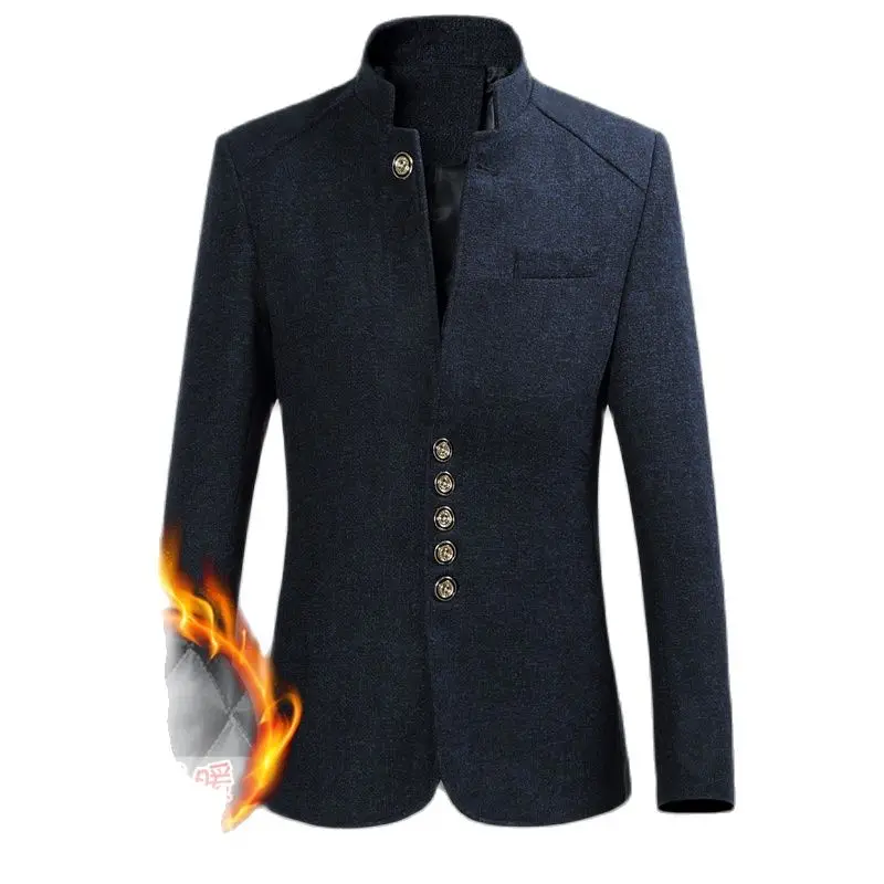 

2022Autumn winter Zhongshan Slim-fit Stand-up Collar Thicken Men's Suit Large Size Pure Color All-match Fashion Casual Jacket