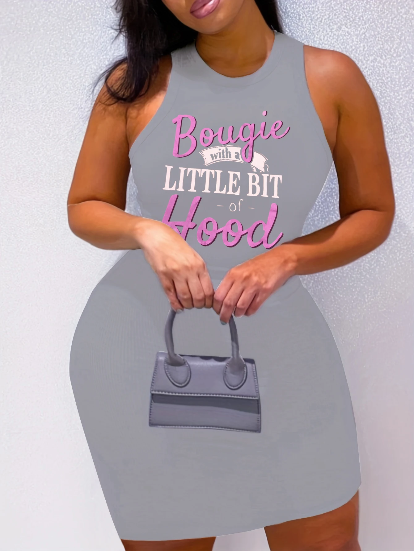 LW Plus Size Bodycon Dress Letter Print Bodycon Cami Dress Sleeveless Dress Ladies Stylish Solid Color Vestidos for Daily Wear