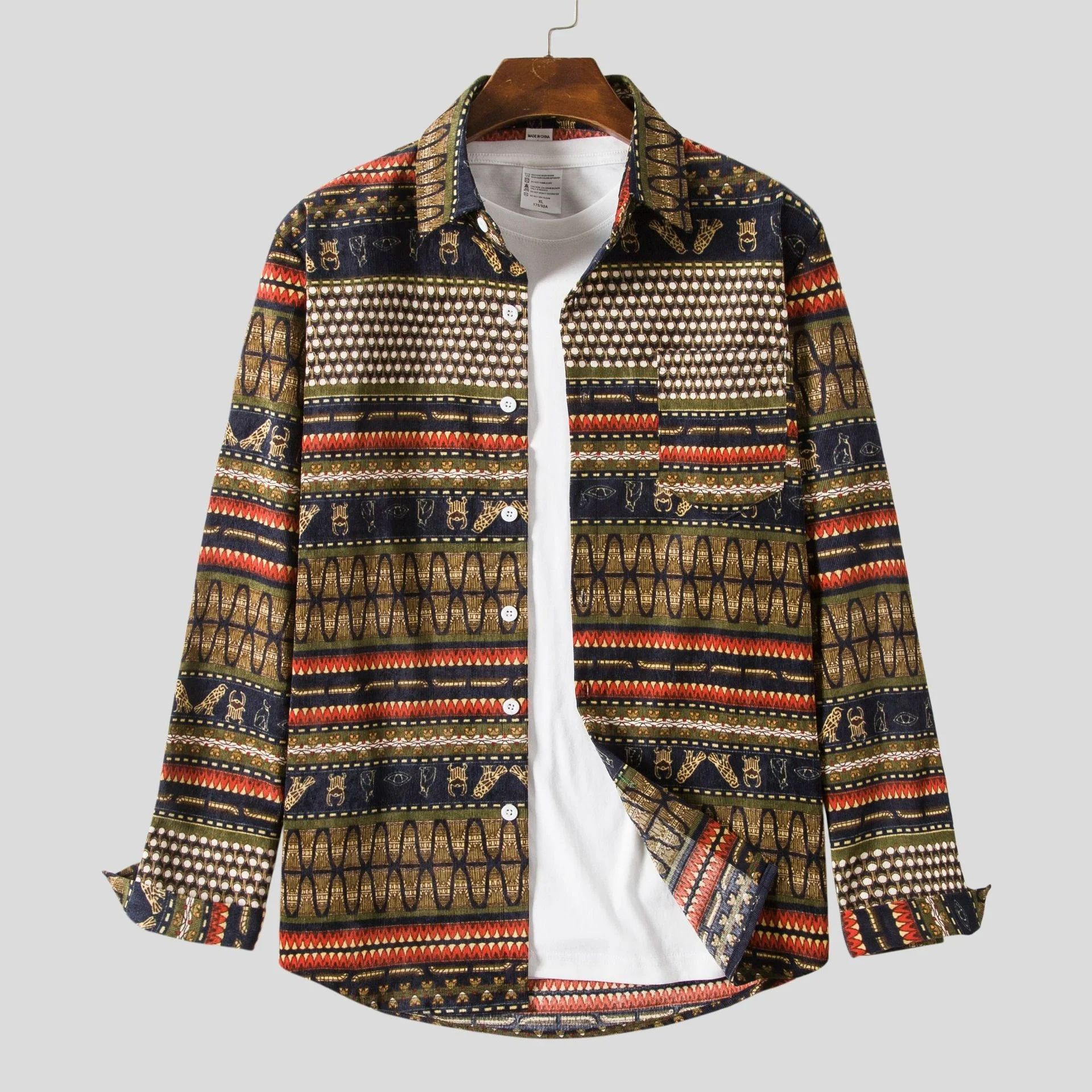 

Retro Men's Long Sleeve Shirts Korean Fashion Ethnic Pattern Printed Casual Oversize Striped Blouse Tops Shirt Male Clothing