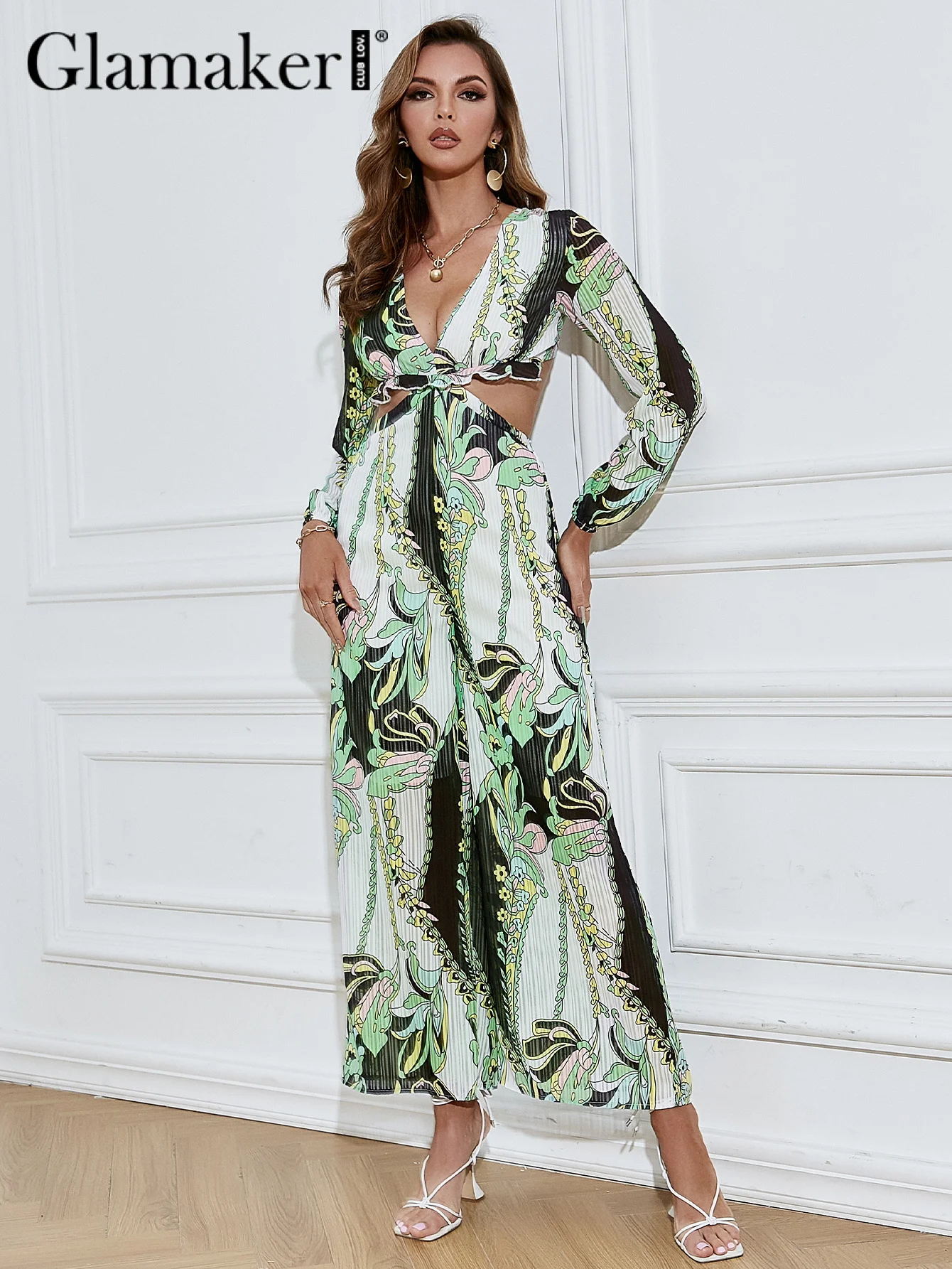 Женский шифоновый комбинезон с цветочным принтом длинным рукавом и открытой