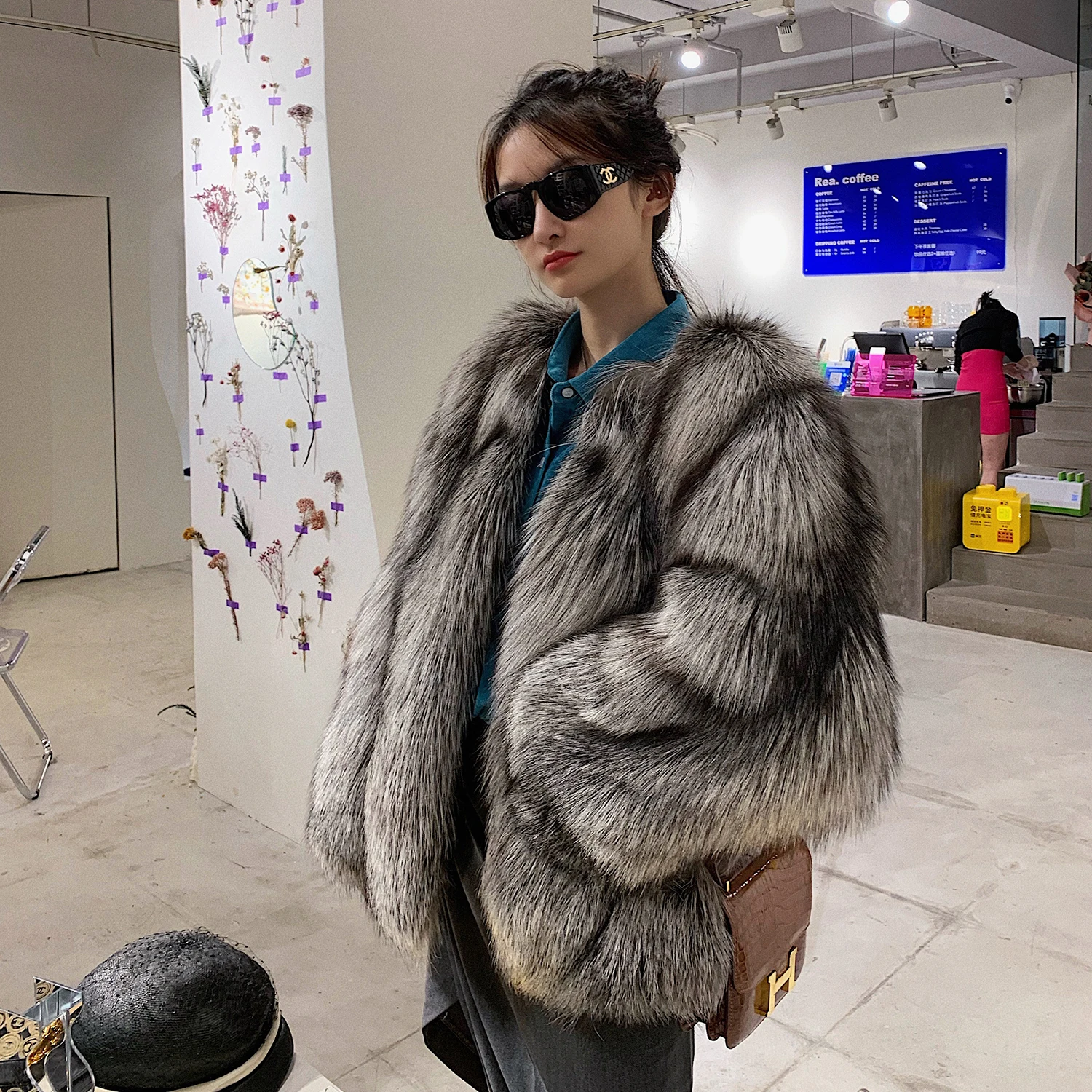 Enlarge Luxury Genuine Fur Coat Winter Women Real Silver Fox Fur Coat Jacket Covered Button Thick Warm Causal Blue Fox Fur Coat