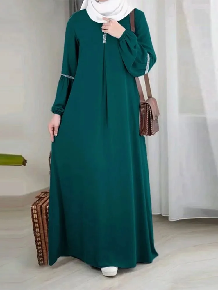 Fashion Muslim Abaya Moroccan Casual Sequins Dress Women Sundress Solid Party Holiday Vestido Long Sleeve Islamic Clothing Eid