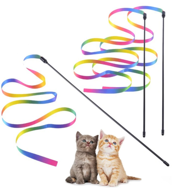 

60/120cm Funny Cat Stick Fun Pet Cat Dog Double Sided Rainbow Ribbon Teaser Rod Interactive Wand Toy Kitten Training Supplies