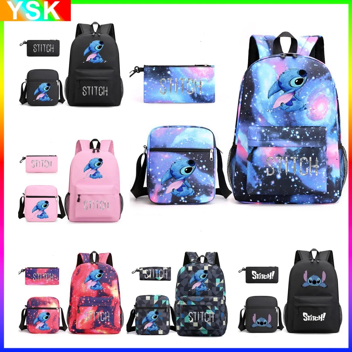 

3PC-SET MINISO Disney Stitch Backpack Black Model Student Sports Outing School Bag Best Gift for Children zipper shoulders
