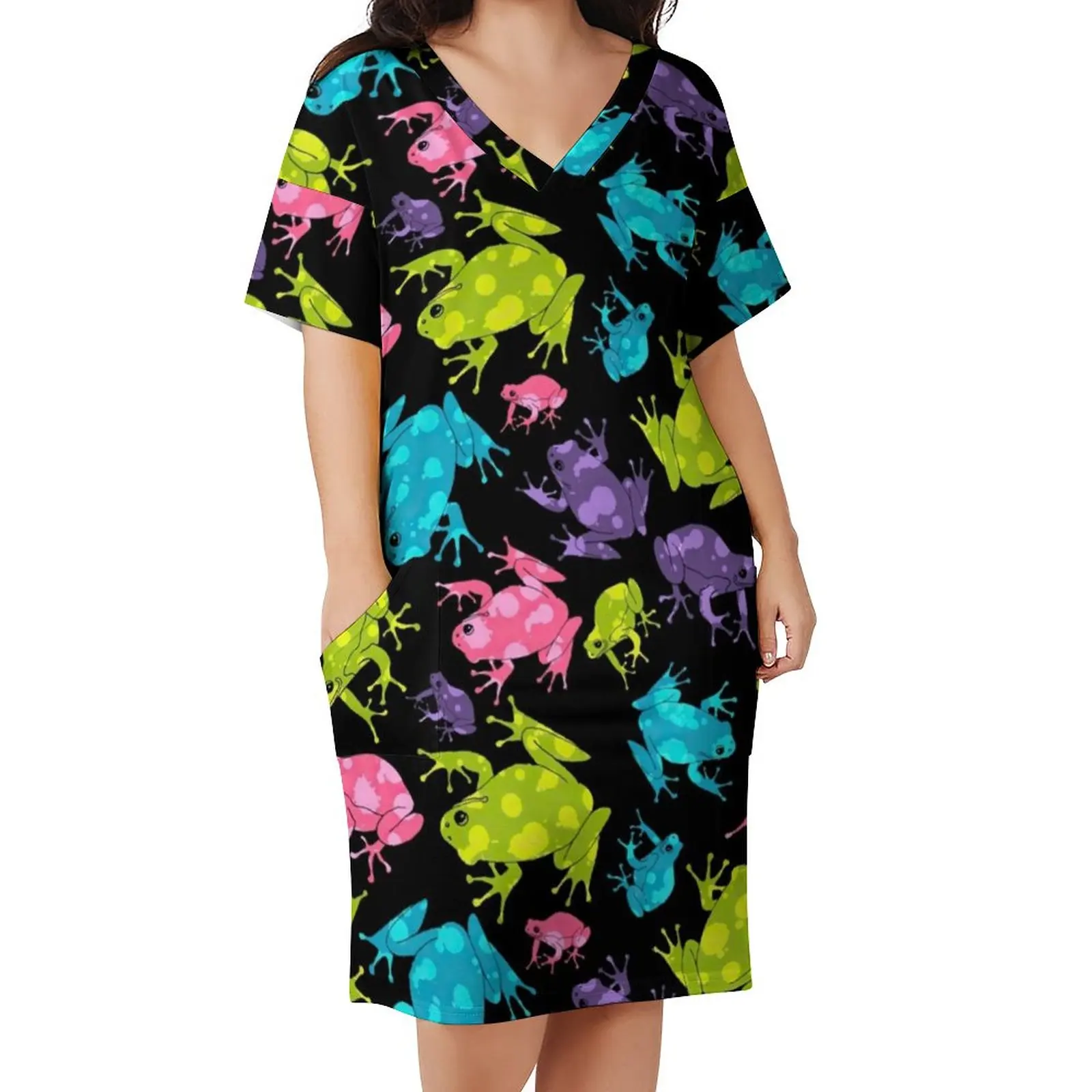 

Multicolor Frog Casual Dress Summer Watercolor Splash Funny Animal Modern Dresses Print Korean Fashion Dress Big Size 3XL 4XL