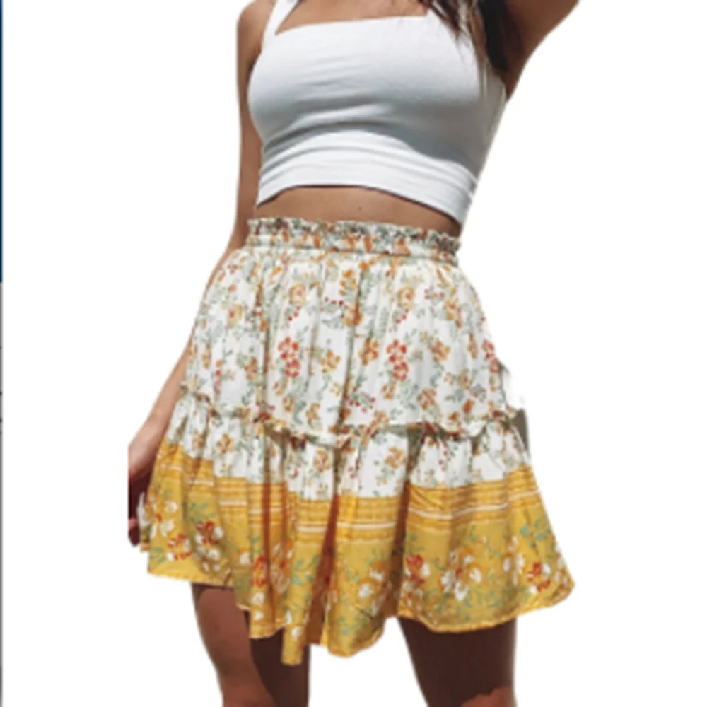 

Mini-skirt Women Summer New Printed short Bohemian folk style ruffled Folds elastic waist safety lining A-line Female clothing