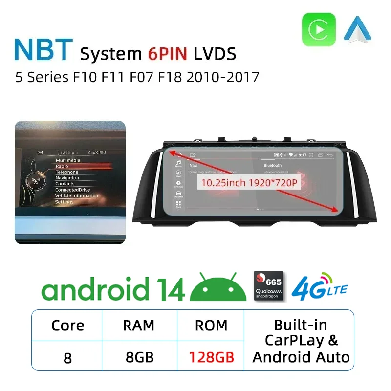 

Android 14 CarPlay для BMW 5 серии F10 F11 F07 F18 2010-2017 GPS Автомобильный мультимедийный плеер 8 + 128 ГБ Навигация Авто Радио Стерео DSP