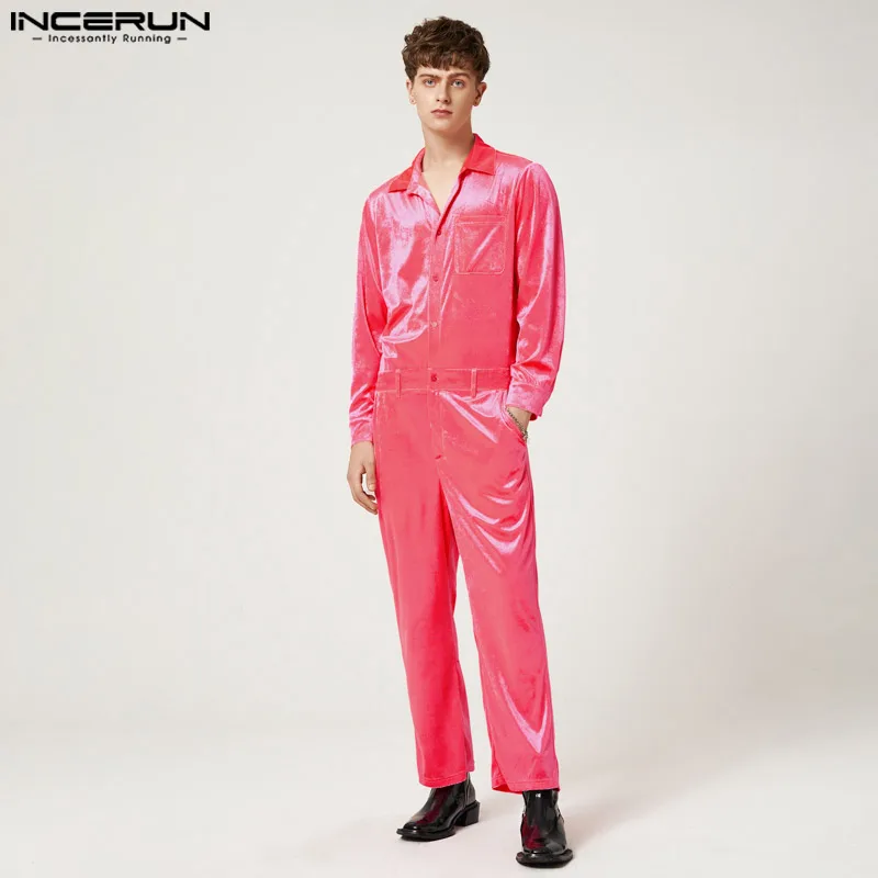 

2023 Fashion Men Jumpsuits Velour Solid Lapel Long Sleeve Button Pocekts Streetwear Overalls Casual Men Rompers S-5XL INCERUN