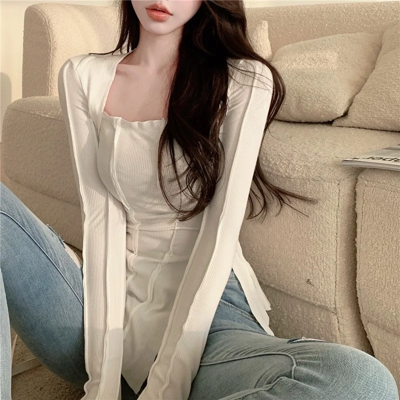 Y2k Autumn Long-sleeved Irregular T-shirt with Split Ends New Pure Desire White Bottoming for Women | Женская одежда