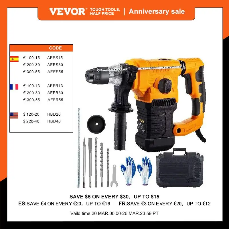 VEVOR 1500W Rotary Hammer Drill Max Drilling 32mm SDS Plus Demolition Jackhammer Breaker 3in1 Electric Wood Concrete Perforator