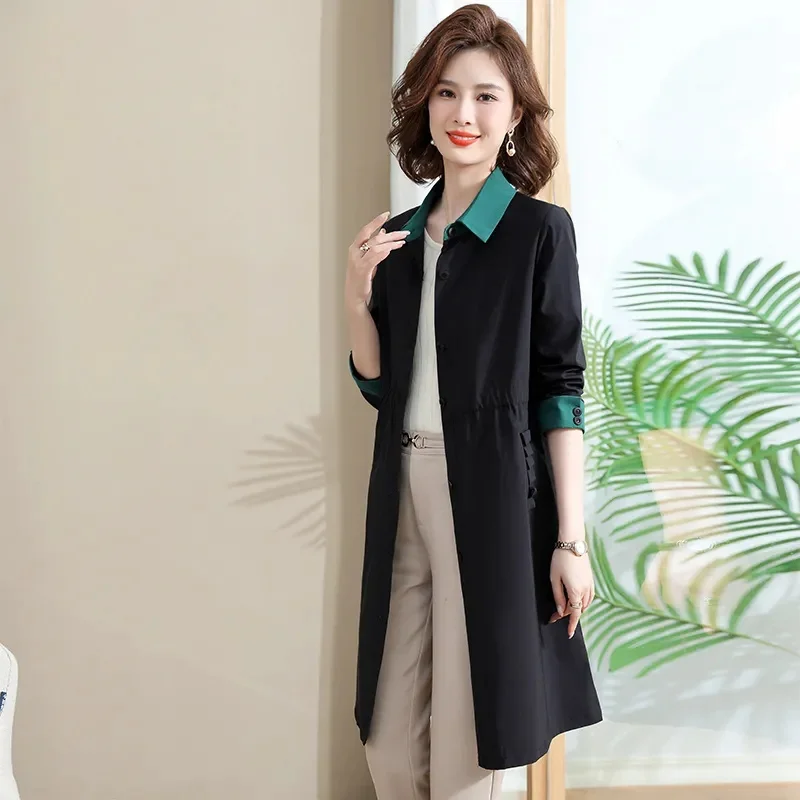 Spring Autumn New Jacket Women's Fashion POLO Windbreaker Large Size Coat Slim The Long Outwear Waist-Closed Ladies Overcoat Top