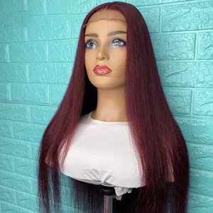 Long Soft PrePlucked Burgundy 26''180%Density Glueless Straight Deep Lace Front Wigs For African Women Babyhair Daily