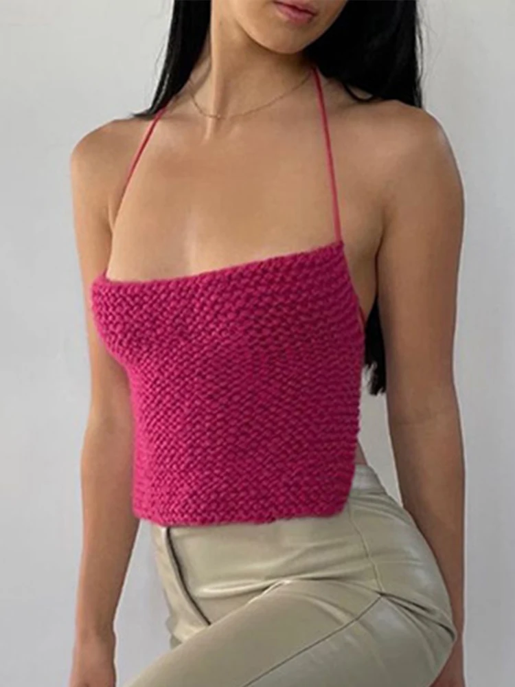 

Forefair Y2K Elegant Sleeveless Knitted Tank Top Women 2022 Summer Sexy Backless Halter Camis Tops Party Club Clothes
