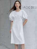amii minimalist summer womens long dress lantern short sleeve a line o neck office lady solid dresses female clothes 12240238