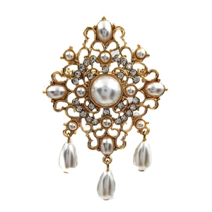 Fabulous Vintage Gold Tone Opens Art Deco Ornate Trio Imitated Pearl Drop Brooch Filigree Pin for Costume Badge Dress Gown Cloak