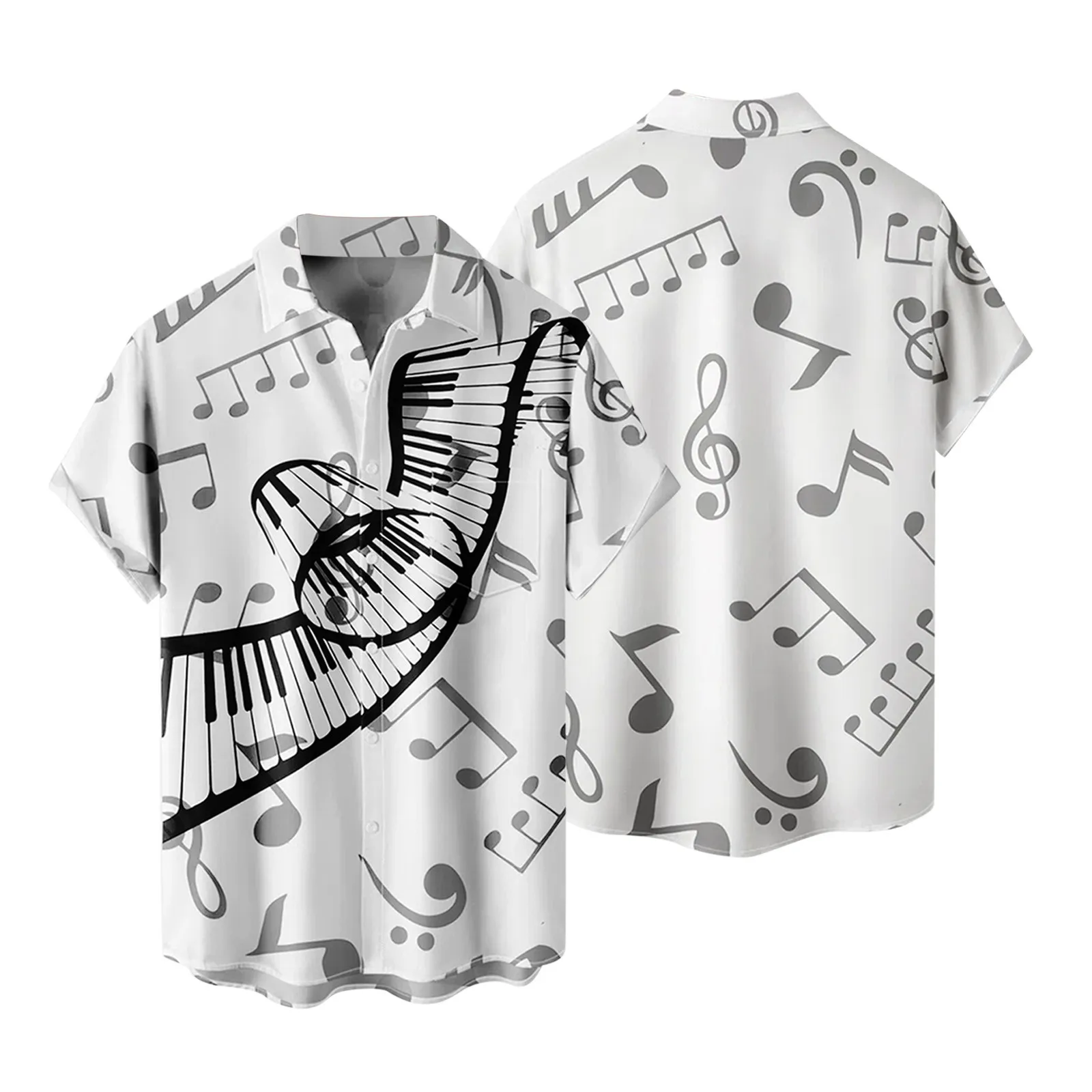 

Мужская летняя рубашка с принтом музыкальных элементов, черная, белая рубашка с принтом музыкальных нот, Свободная рубашка с коротким рукав...