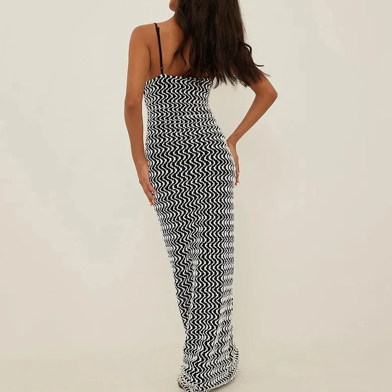 Spice Girl Sling Long Dress Black And White Ripple Contrast Backless Waist Slim Party Dress