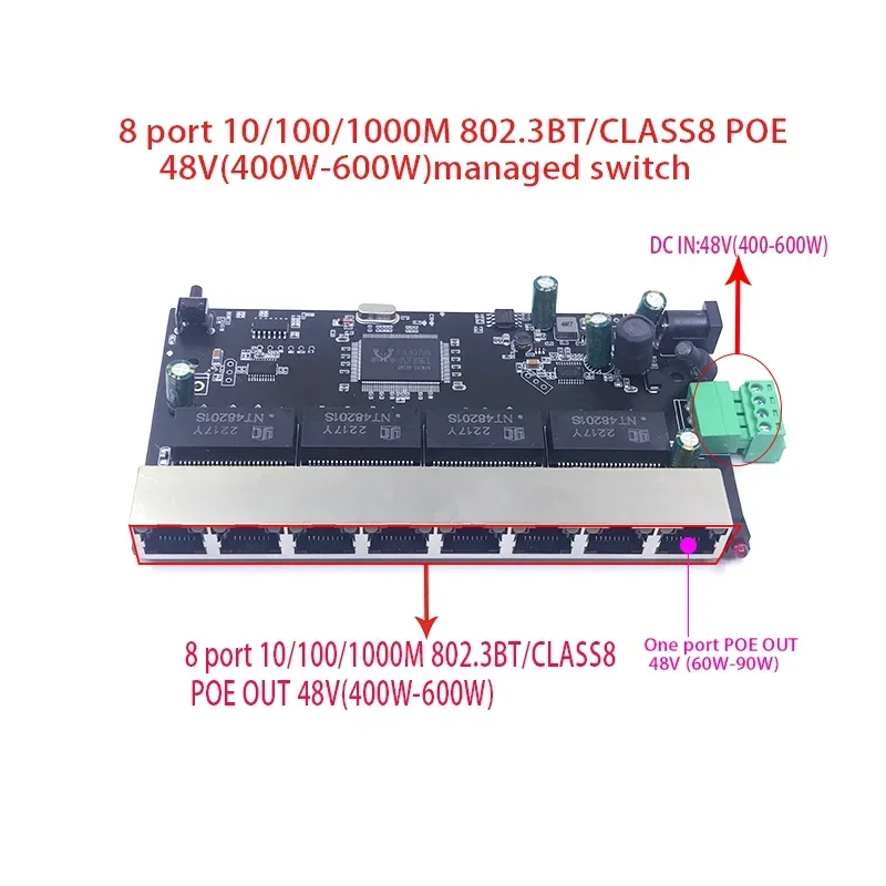 8-портовый 10/100/1000M POE 48V(400W-600W) Управляемый коммутатор 802.3BT/ class8