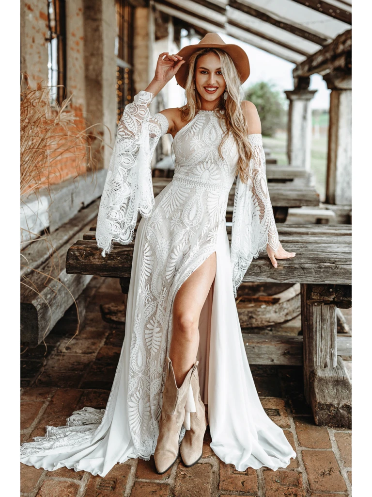 Crochet Lace Bohemian Wedding Dress Detachable Long Sleeves Thin Straps Deep Split Beach Bride Gown Country Vestido De Novia