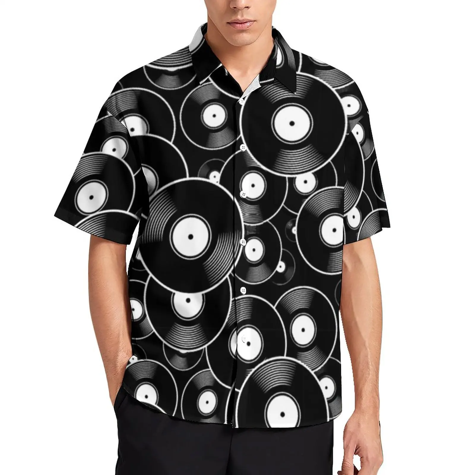 

Retro Vinyl Records Beach Shirt Black and White Summer Casual Shirts Male Fashion Blouses Short Sleeve Custom Top Plus Size