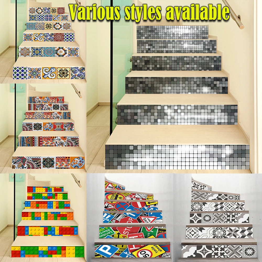 

6Pcs/13Pcs Waterproof Stair Stickers Removable Viny Stairway Riser Stairs Sticker Covering Self Adhesive Decals Art Home Decor