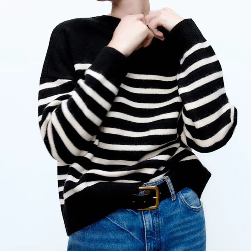 

Women Autumn Vintage Striped Pullover Loose Knitted Sweater Fashion O-Neck Long Sleeve Female Casual Chic Clothes Vestidos