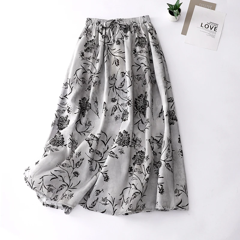 

Elegant Fashion Cotton Linen Ramie Skirt Elastic Waist Long Skirt Women's Spring Summer Thin Vintage Print Skirt