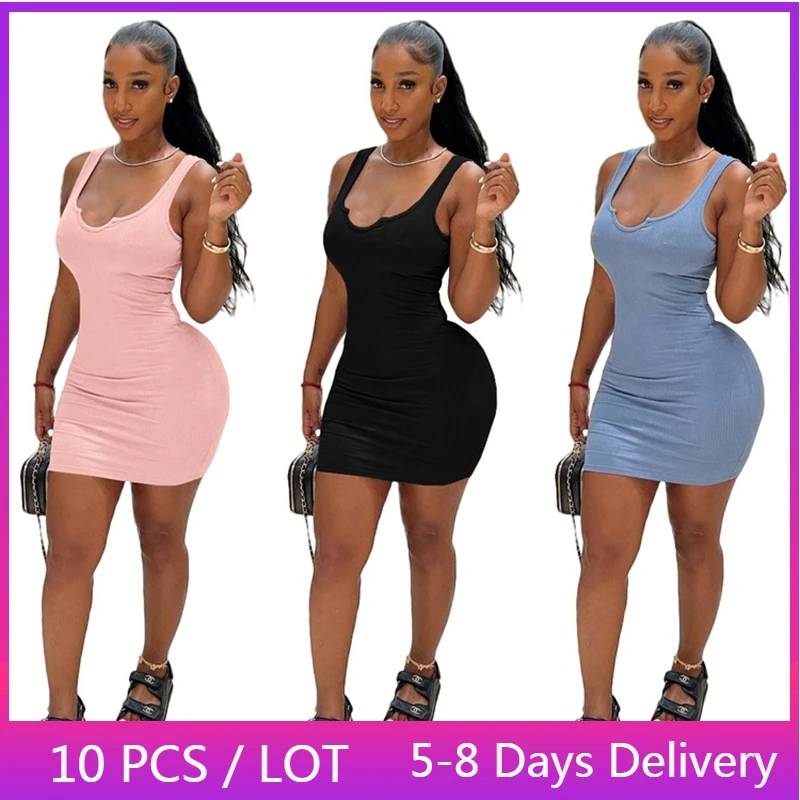 

Оптовая продажа, однотонное повседневное облегающее платье, летнее Клубное Ребристое черное платье-футляр, женская уличная одежда, мини-платье без рукавов