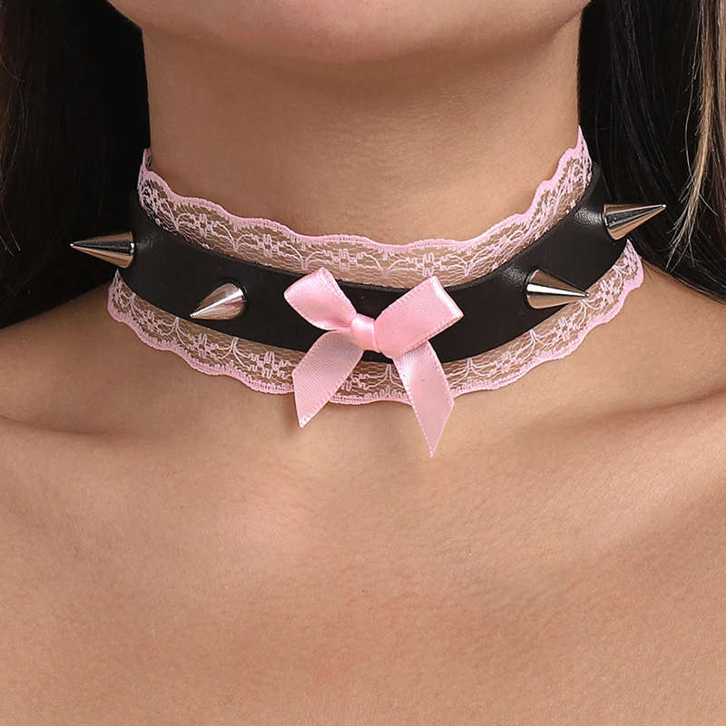 

Y2K Jewelry Pink Lace Sexy Necklace for Women Fashion Goth Punk Glamour Stud Necklace 90s Aesthetic Cosplay Party Chokers