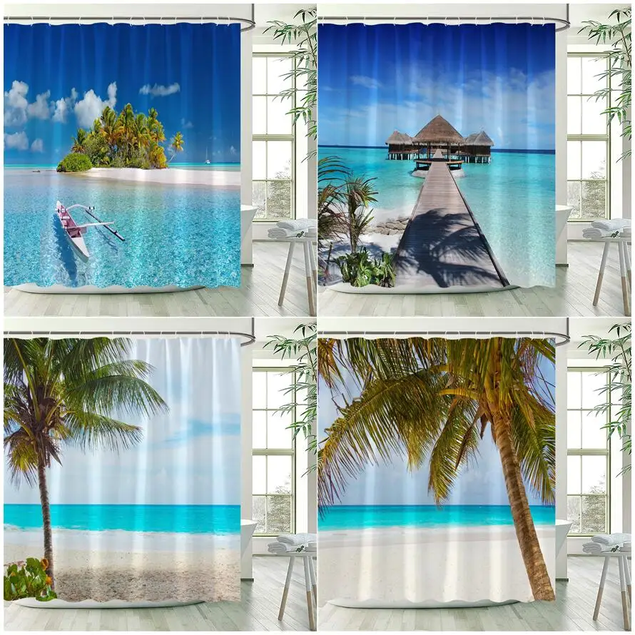 

Шторы для душа с морским ландшафтом, Занавески Из гавайской ткани для пляжа, кокосовых деревьев, декор для ванной комнаты, с крючками