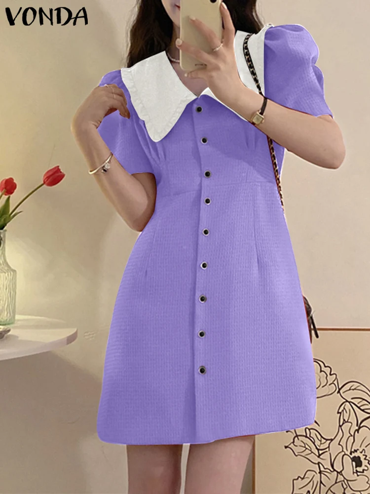 

VONDA Y2K женское модное платье с отложным воротником и длинным рукавом, летнее платье, женское однотонное платье на пуговицах, Свободный Длинн...