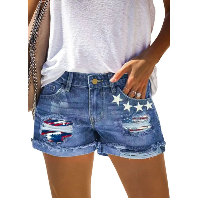 Women Fashion Ripped Rolled American Flag Star Frayed Denim Shorts Hole Summer Casual Pocket Jeans Ladies Hotpants Shorts