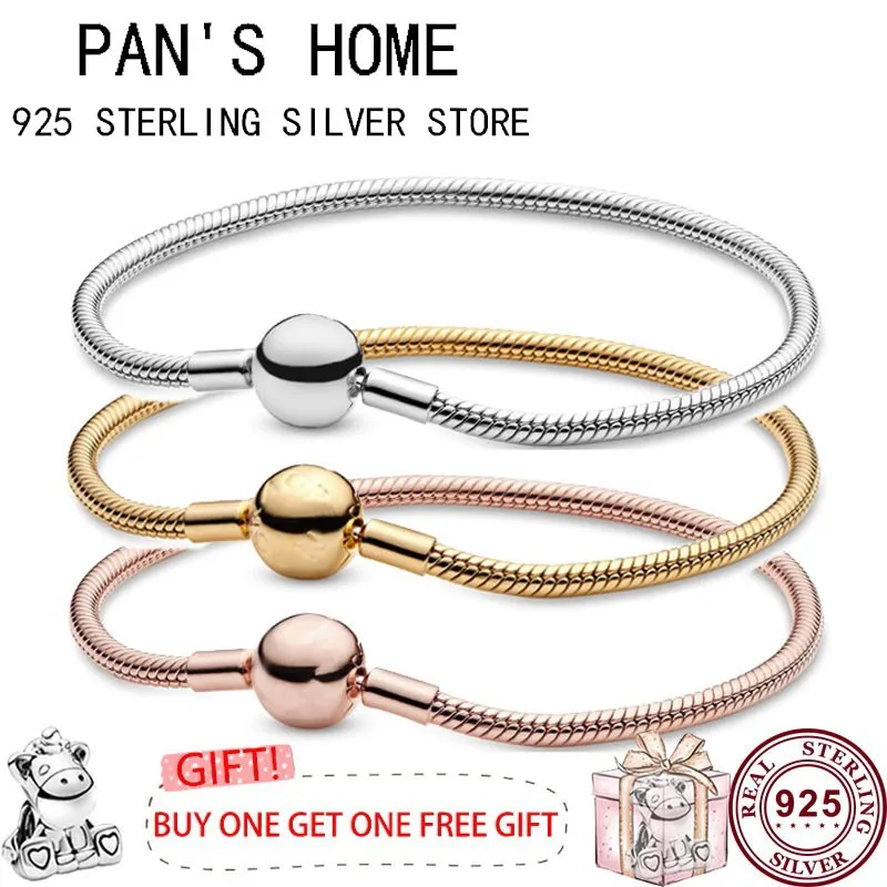 

Hot 925 Sterling Silver Shiny Round Button Snake Bone Women's Bracelet Suitable For The Original Pandora Exquisite Charm Jewelry