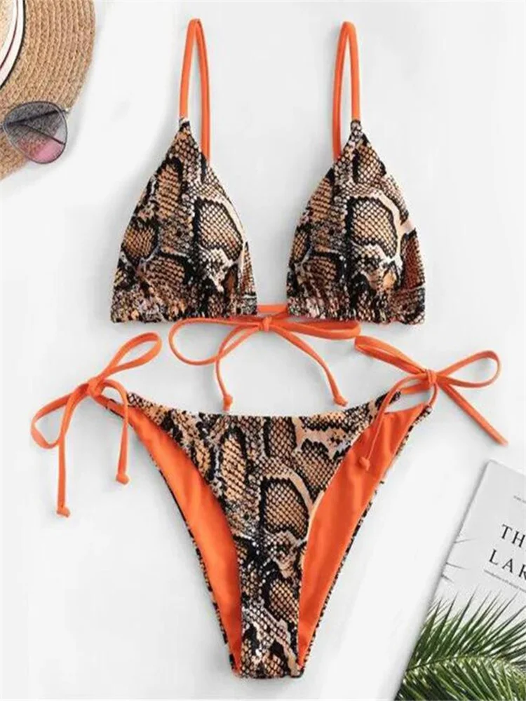 

Sexy Snake Print Bikini 2021 Women Lace Up Bandage Bikinis Push Up Thong Swimsuit Female Bathers Bathing Suit Swimwear Biquini