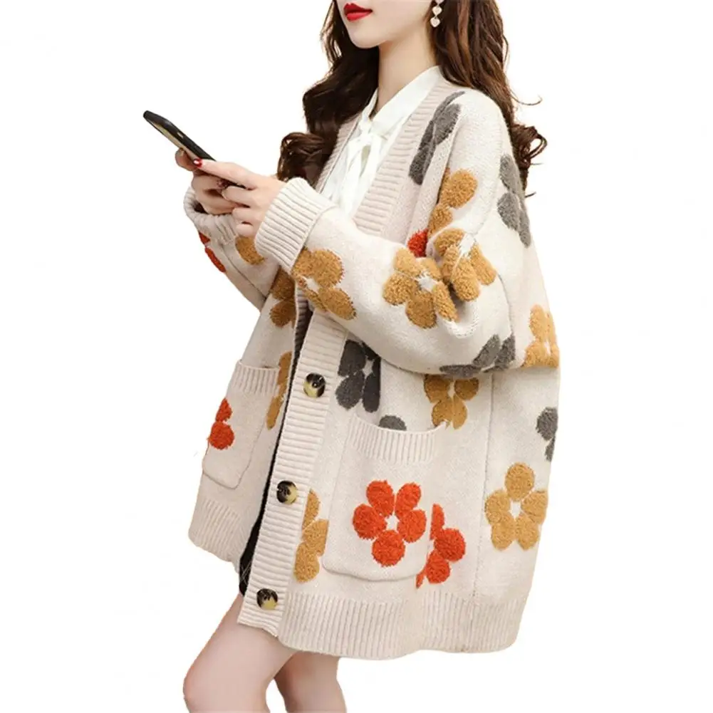 

Comfortable Sweater Coat Stylish Women's V-neck Jacquard Sweater Coat with Floral Design Long Sleeves Ribbed Trim for Autumn