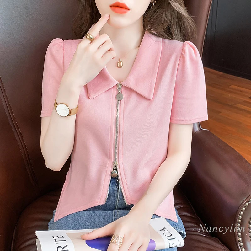 

Женская короткая футболка на двойной молнии, розовая летняя одежда, новый дизайн 2022, топ с отворотом и короткими рукавами, модные женские фу...