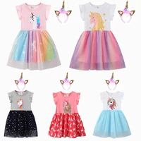 summer girls dress cartoon unicorn print kids clothes korean style mesh casual dresses birthday party costume vestidos outfits