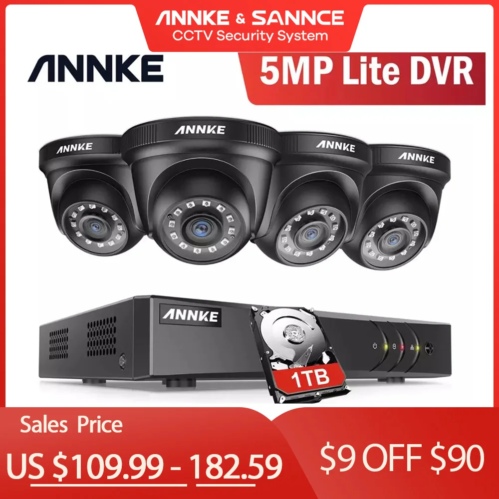 Дешево ANNKE 8CH H.265 + 5MP Lite CCTV система DVR 4 шт. 2.0MP ИК ночного видения Купольные Камеры видеонаблюдения 1080P комплект видеонаблюдения