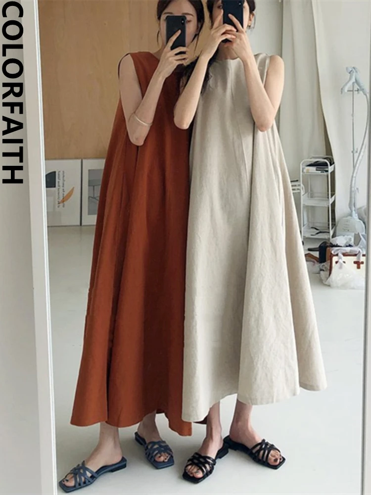 

Colorfaith New 2022 Chic Sleeveless Oversized Korean Cotton And Linen Elegant Vintage Women's Summer Pure Long Dresses DR1977K