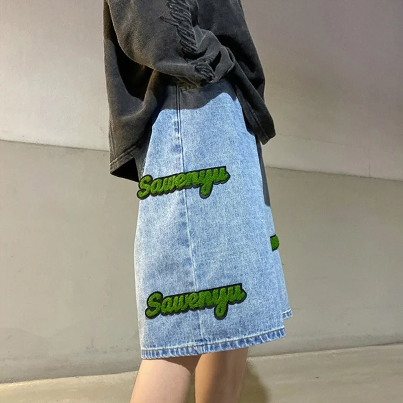 Summer Men's Denim Shorts Fashion Embroidered Five Point Pants Elastic Waist Baggy Black Jeans Streetwear Oversized Y2K Clothes