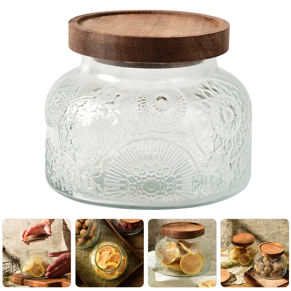 

Glass Dried Fruit Jar Canisters Wood Lids Coffee Containers Food Storage Tank Tea Kitchen Wooden Sealed